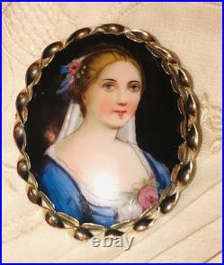 Antique Victorian Portrait Brooch Cameo Gold Hand Painted Ornate Pin