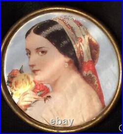 Antique Victorian Portrait Brooch Cameo Gold Hand Painted Ornate Pin