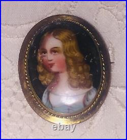 Antique Victorian Portrait Brooch Cameo Hand Painted Gold Brooch Pin Child Girl