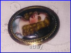 Antique Victorian Portrait Brooch Cameo Hand Painted Gold Brooch Pin Child Girl