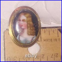 Antique Victorian Portrait Brooch Cameo Hand Painted Gold Brooch Pin Child Girl