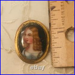 Antique Victorian Portrait Brooch Cameo Hand Painted Gold Brooch Pin Child Girl