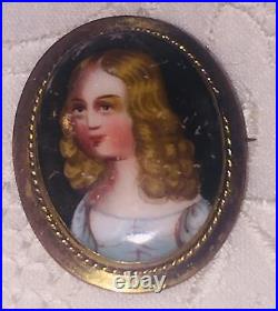 Antique Victorian Portrait Brooch Cameo Hand Painted Gold Brooch Pin Child Girl
