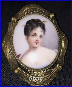 Antique Victorian Portrait Brooch Cameo Hand Painted Gold Brooch Pin Child Girl