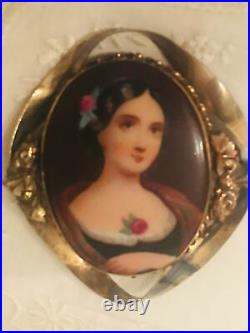Antique Victorian Portrait Brooch Cameo Hand Painted Gold Porcelain Pin
