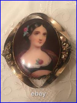 Antique Victorian Portrait Brooch Cameo Hand Painted Gold Porcelain Pin