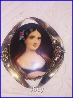 Antique Victorian Portrait Brooch Cameo Hand Painted Gold Porcelain Pin