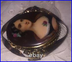 Antique Victorian Portrait Brooch Cameo Hand Painted Gold Porcelain Pin