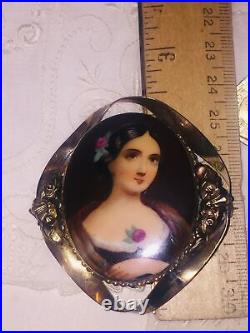 Antique Victorian Portrait Brooch Cameo Hand Painted Gold Porcelain Pin