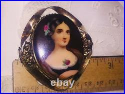 Antique Victorian Portrait Brooch Cameo Hand Painted Gold Porcelain Pin