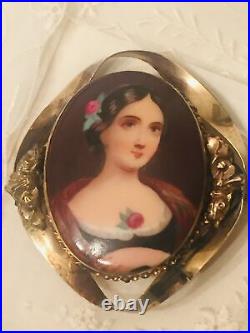 Antique Victorian Portrait Brooch Cameo Hand Painted Gold Porcelain Pin