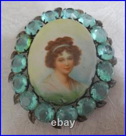 Antique Victorian Portrait Brooch Cameo Hand Painted Pin Lady Woman 19thC READ