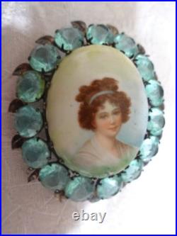 Antique Victorian Portrait Brooch Cameo Hand Painted Pin Lady Woman 19thC READ