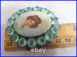 Antique Victorian Portrait Brooch Cameo Hand Painted Pin Lady Woman 19thC READ
