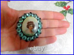 Antique Victorian Portrait Brooch Cameo Hand Painted Pin Lady Woman 19thC READ