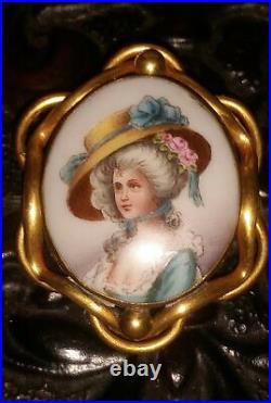 Antique Victorian Portrait Brooch Cameo Hand Painted Porcelain Enamel Pin