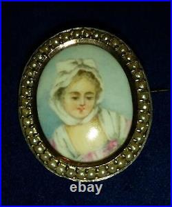 Antique Victorian Portrait Brooch Cameo Hand Painted Porcelain Enamel Pin