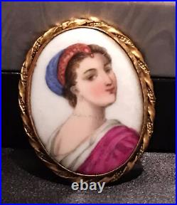 Antique Victorian Portrait Brooch Cameo Hand Painted Porcelain Enamel Pin Vtg