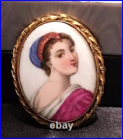 Antique Victorian Portrait Brooch Cameo Hand Painted Porcelain Enamel Pin Vtg
