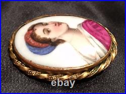 Antique Victorian Portrait Brooch Cameo Hand Painted Porcelain Enamel Pin Vtg