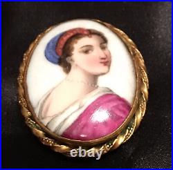 Antique Victorian Portrait Brooch Cameo Hand Painted Porcelain Enamel Pin Vtg