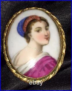 Antique Victorian Portrait Brooch Cameo Hand Painted Porcelain Enamel Pin Vtg