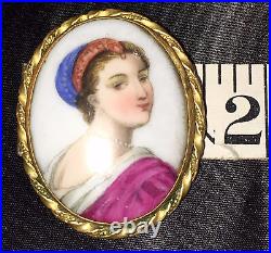 Antique Victorian Portrait Brooch Cameo Hand Painted Porcelain Enamel Pin Vtg