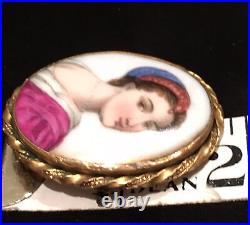 Antique Victorian Portrait Brooch Cameo Hand Painted Porcelain Enamel Pin Vtg