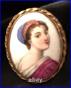 Antique Victorian Portrait Brooch Cameo Hand Painted Porcelain Enamel Pin Vtg