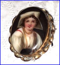 Antique Victorian Portrait Brooch Cameo Hand Painted Porcelain Enamel Pin Vtg