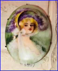 Antique Victorian Portrait Brooch Cameo Hand Painted Porcelain Enamel Pin Vtg