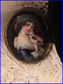 Antique Victorian Portrait Brooch Cameo Hand Painted Porcelain Enamel Pin Vtg