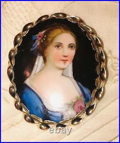Antique Victorian Portrait Brooch Cameo Hand Painted Rolled Gold Minature Pin Lg