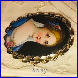 Antique Victorian Portrait Brooch Cameo Hand Painted Rolled Gold Minature Pin Lg