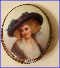 Antique Victorian Portrait Brooch Cameo Miniature Hand Paint Duchess Devonshire