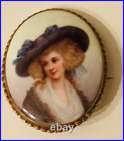 Antique Victorian Portrait Brooch Cameo Miniature Hand Paint Duchess Devonshire
