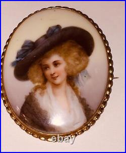 Antique Victorian Portrait Brooch Cameo Miniature Hand Paint Duchess Devonshire