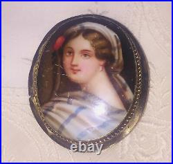 Antique Victorian Portrait Brooch Cameo Painted Gold Hand Brooch Pin