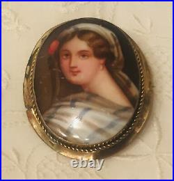 Antique Victorian Portrait Brooch Cameo Painted Gold Hand Brooch Pin