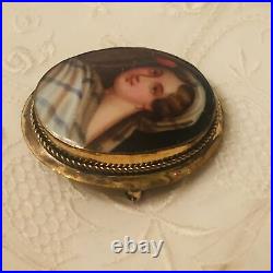 Antique Victorian Portrait Brooch Cameo Painted Gold Hand Brooch Pin