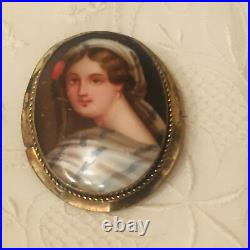 Antique Victorian Portrait Brooch Cameo Painted Gold Hand Brooch Pin