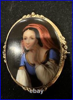 Antique Victorian Portrait Brooch Cameo Painted Gold Hand Brooch Pin rare