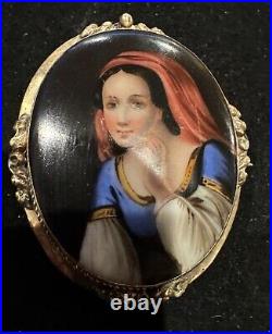 Antique Victorian Portrait Brooch Cameo Painted Gold Hand Brooch Pin rare