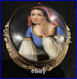 Antique Victorian Portrait Brooch Cameo Painted Gold Hand Brooch Pin rare