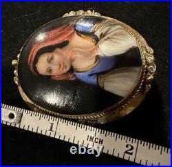 Antique Victorian Portrait Brooch Cameo Painted Gold Hand Brooch Pin rare