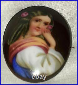Antique Victorian Portrait Brooch Child Girl Hand Painted Porcelain Cameo Pin
