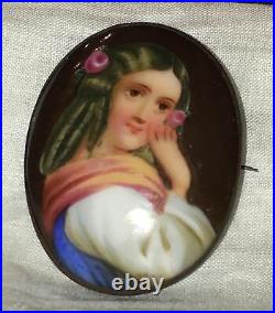 Antique Victorian Portrait Brooch Child Girl Hand Painted Porcelain Cameo Pin
