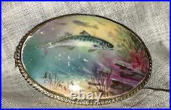 Antique Victorian Portrait Brooch Fish Landscape Hand Painted MOP Minton Pin Vtg