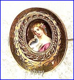Antique Victorian Portrait Brooch Gold Cameo Lady Bird Hand Painted Porcelain