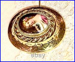 Antique Victorian Portrait Brooch Gold Cameo Lady Bird Hand Painted Porcelain